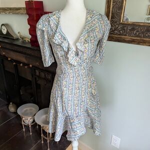 Talulah Women's Small Floral Stripe Ruffle Trim Wrap Dress Short Length Blue 157